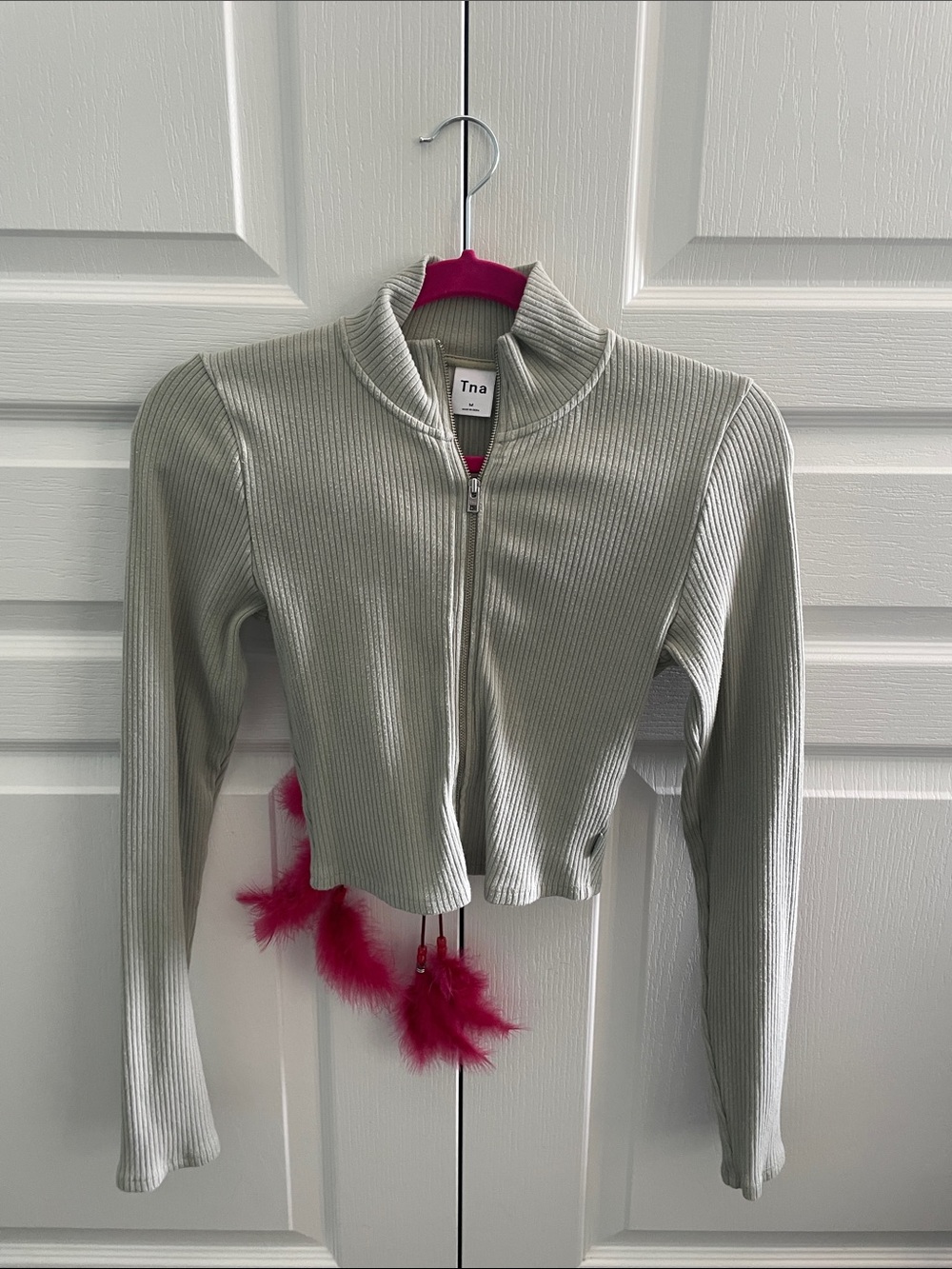 TNA Ribbed Cropped Zip-Up Jacket in Pale Gray